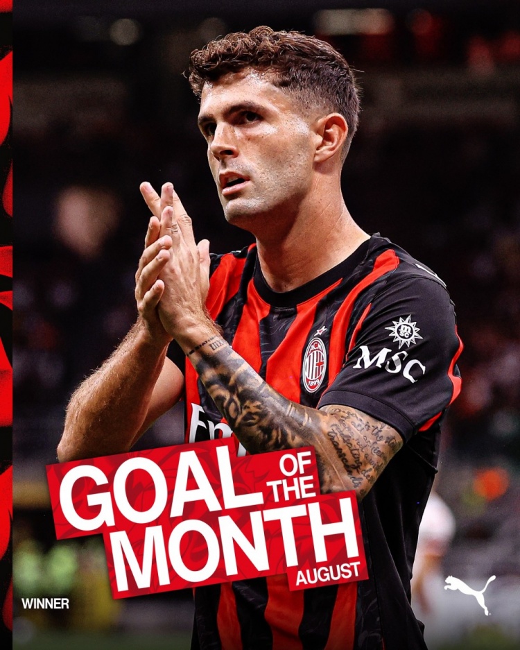 普利西奇转身扫射攻破巴里球门,获评AC米兰八月最佳进球